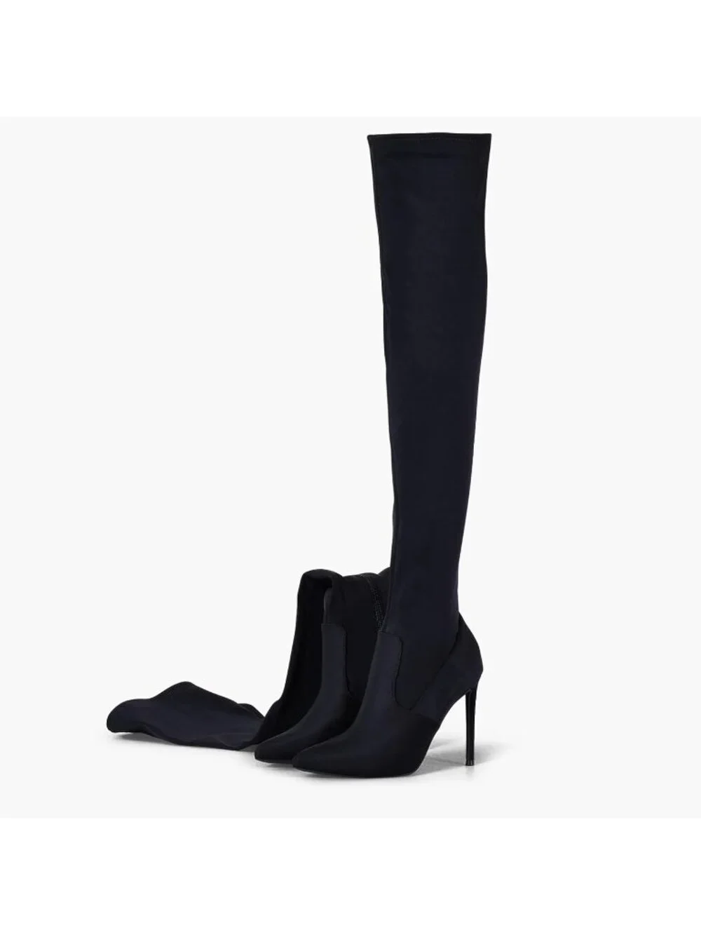 Women Black Neoprene Pointed Toe Suede Stiletto Heel Stretch Over The Knee Boots